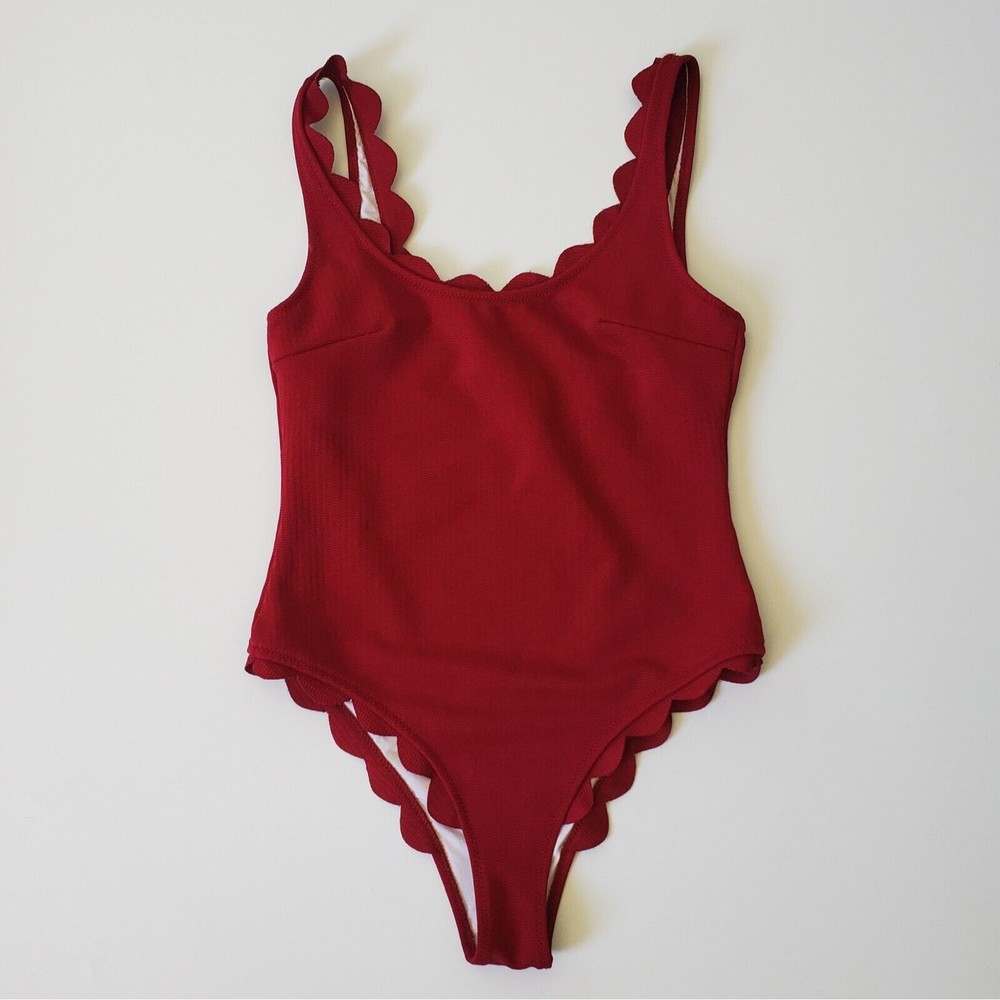 Cupshe One Piece Swimsuit Medium Burgundy Red Scoop Neck Scalloped Edge Beachy
